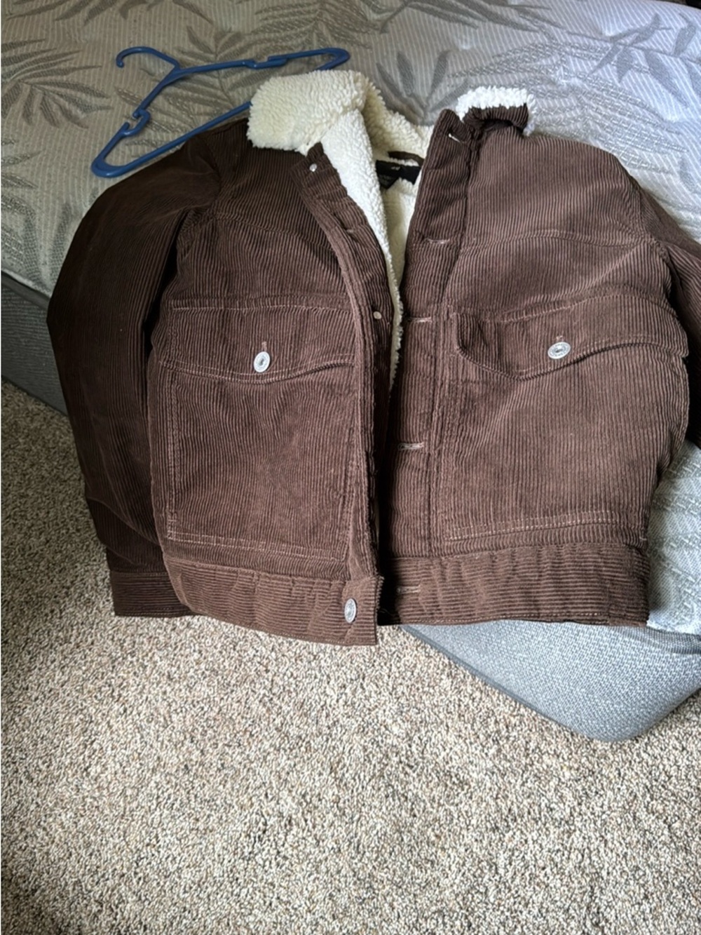 H&M Brown Corduroy Bomber Jacket with Cream Sherpa Collar